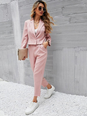 Solid Single Button Crop Blazer And Slant Pocket Suit Pants Shein