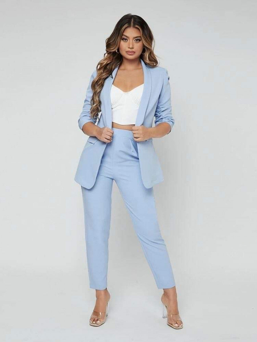 SXY Shawl Neck Open Front Blazer & Pants Suit Shein