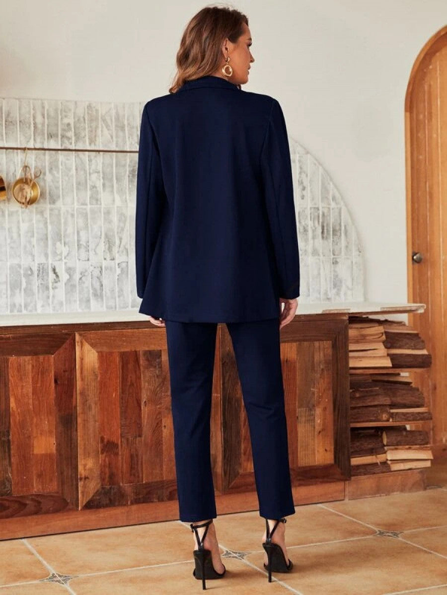 Lapel Neck Open Front Blazer & Pants Shein