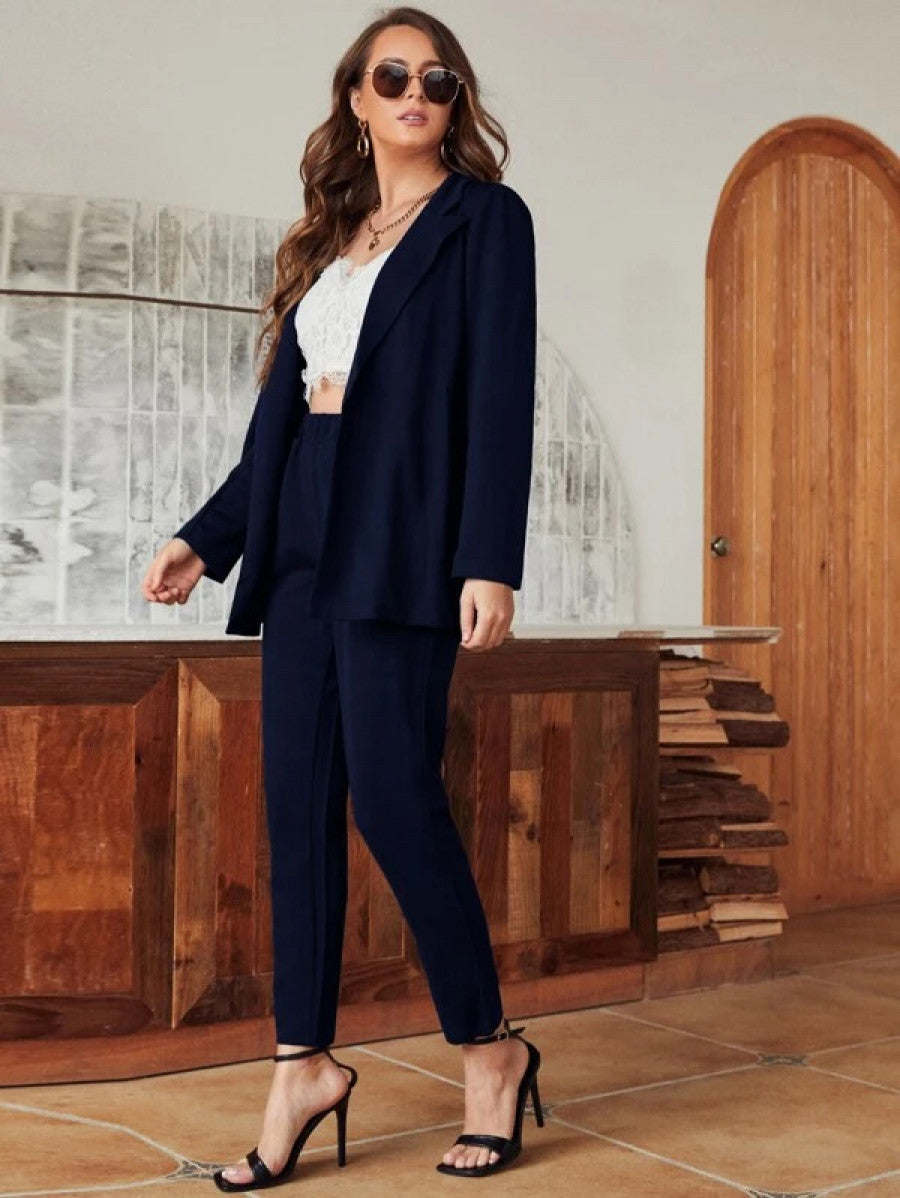 Lapel Neck Open Front Blazer & Pants Shein