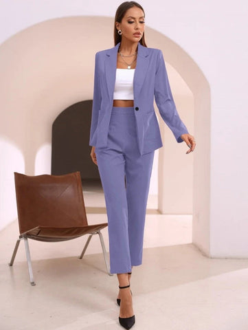 Solid Lapel Collar Blazer & Tailored Pants Shein