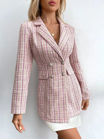 Double Breasted Plaid Tweed Blazer Shein