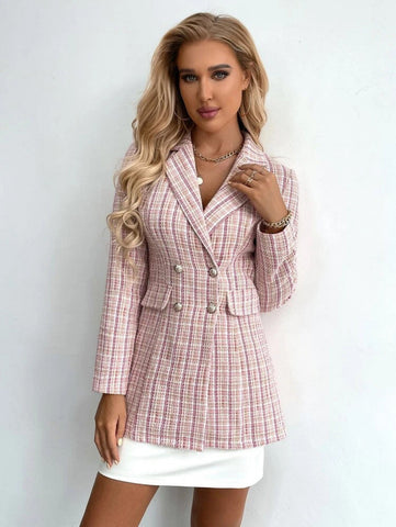 Double Breasted Plaid Tweed Blazer Shein