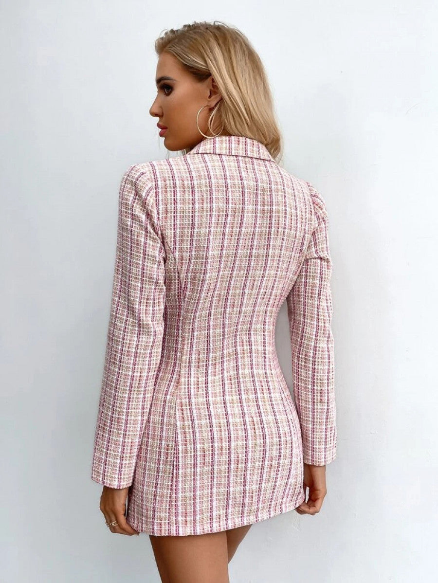 Double Breasted Plaid Tweed Blazer Shein