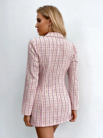 Double Breasted Plaid Tweed Blazer Shein