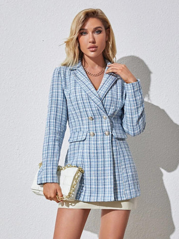 Double Breasted Plaid Tweed Blazer Shein