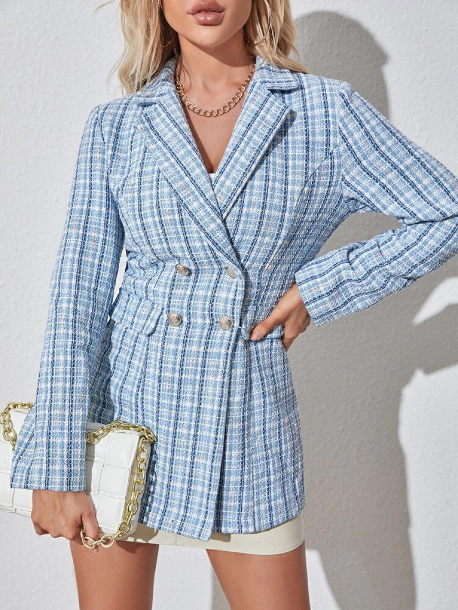 Double Breasted Plaid Tweed Blazer Shein