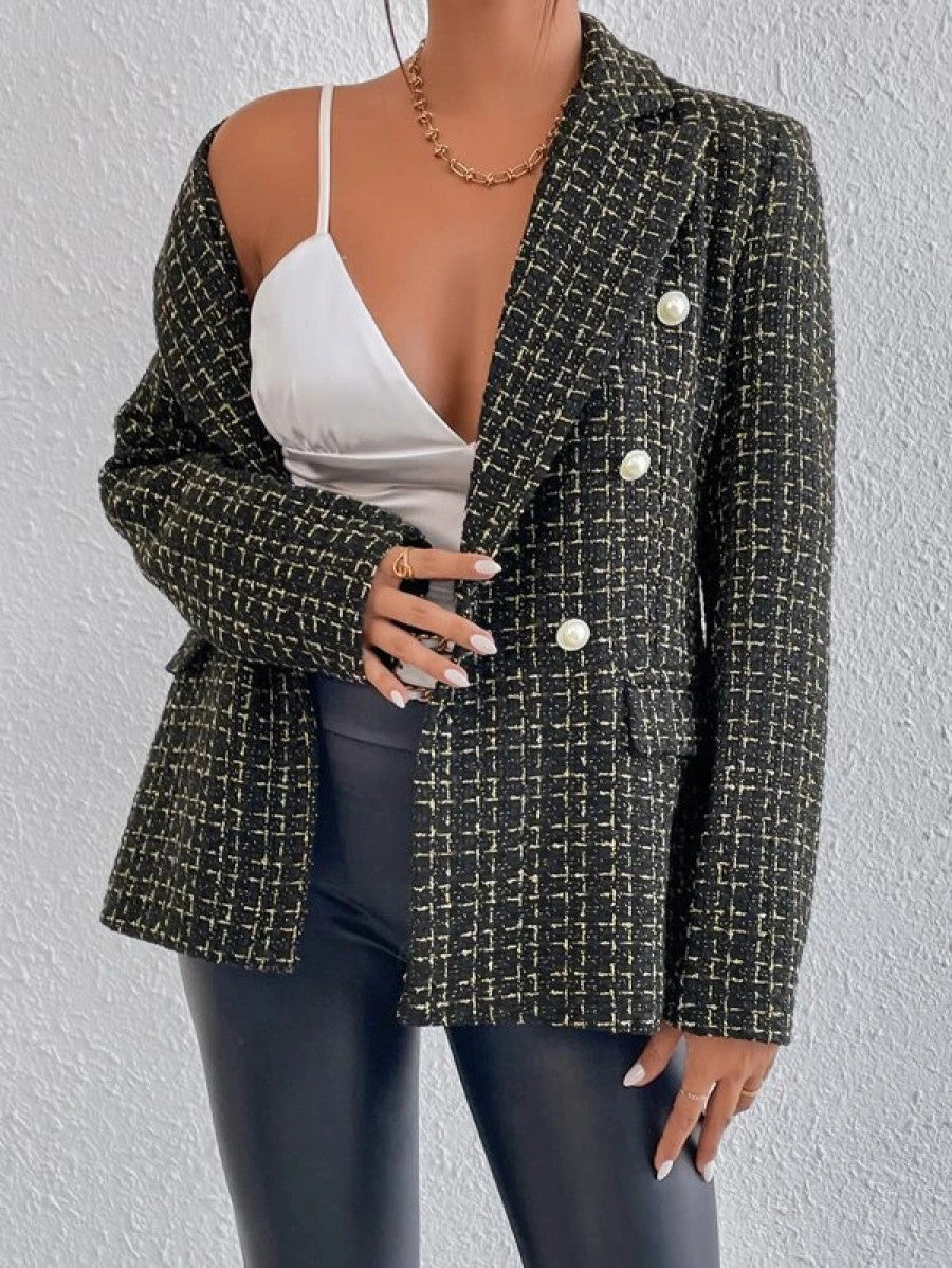 Plaid Print Double Breasted Blazer Shein