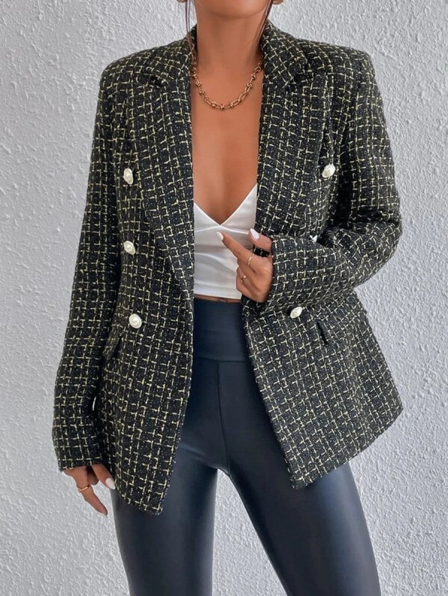 Plaid Print Double Breasted Blazer Shein