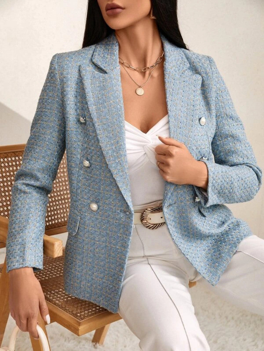 Plaid Print Double Breasted Blazer Shein