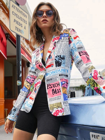 Pop Art Print Single Button Blazer Shein