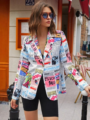 Pop Art Print Single Button Blazer Shein