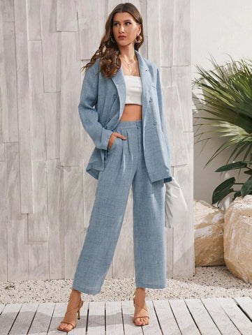 Double Button Oversized Blazer & Pants Set Shein