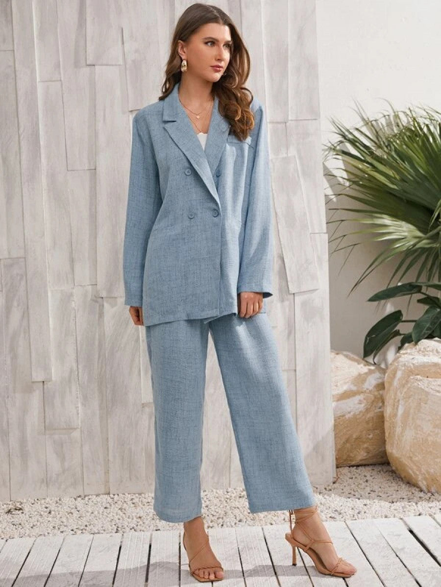 Double Button Oversized Blazer & Pants Set Shein