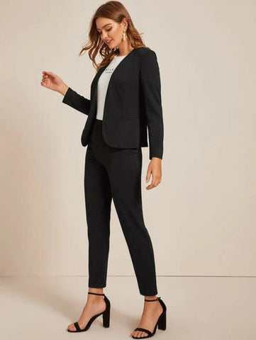 Open Front Solid Blazer & Pants Set Shein