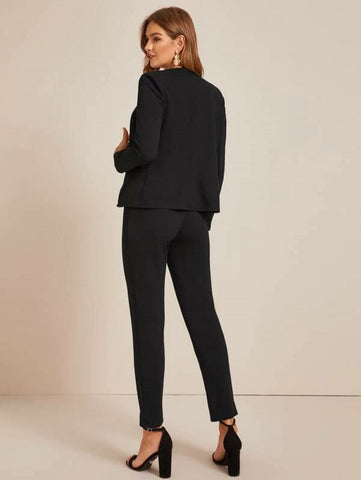 Open Front Solid Blazer & Pants Set Shein