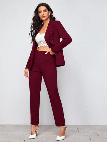 Notch Collar Double Button Blazer and Tailored Pants Set Shein