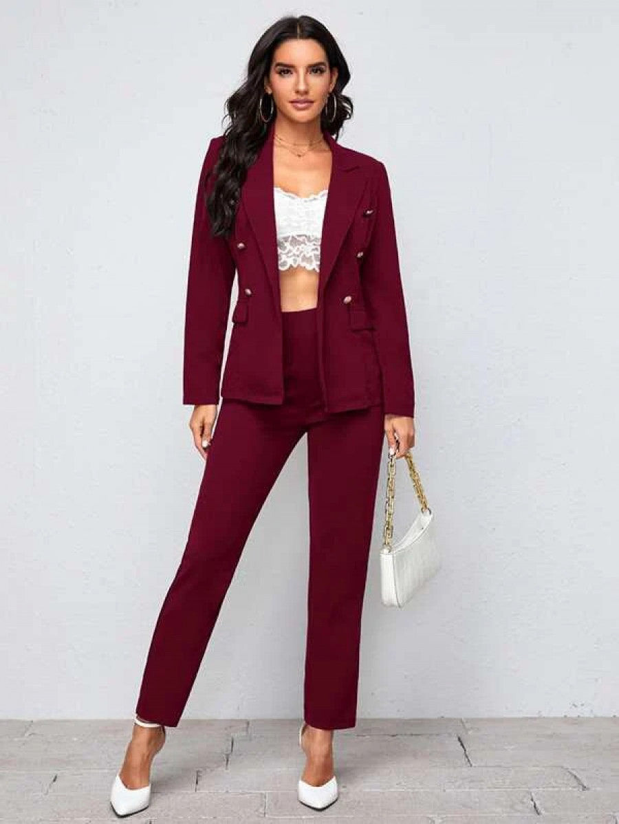 Notch Collar Double Button Blazer and Tailored Pants Set Shein