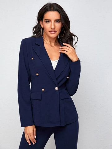 Notch Collar Double Button Blazer and Tailored Pants Set Shein