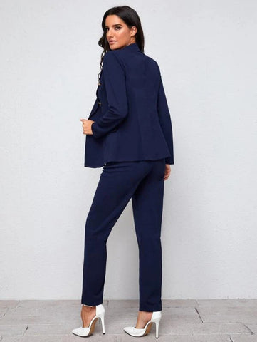 Notch Collar Double Button Blazer and Tailored Pants Set Shein