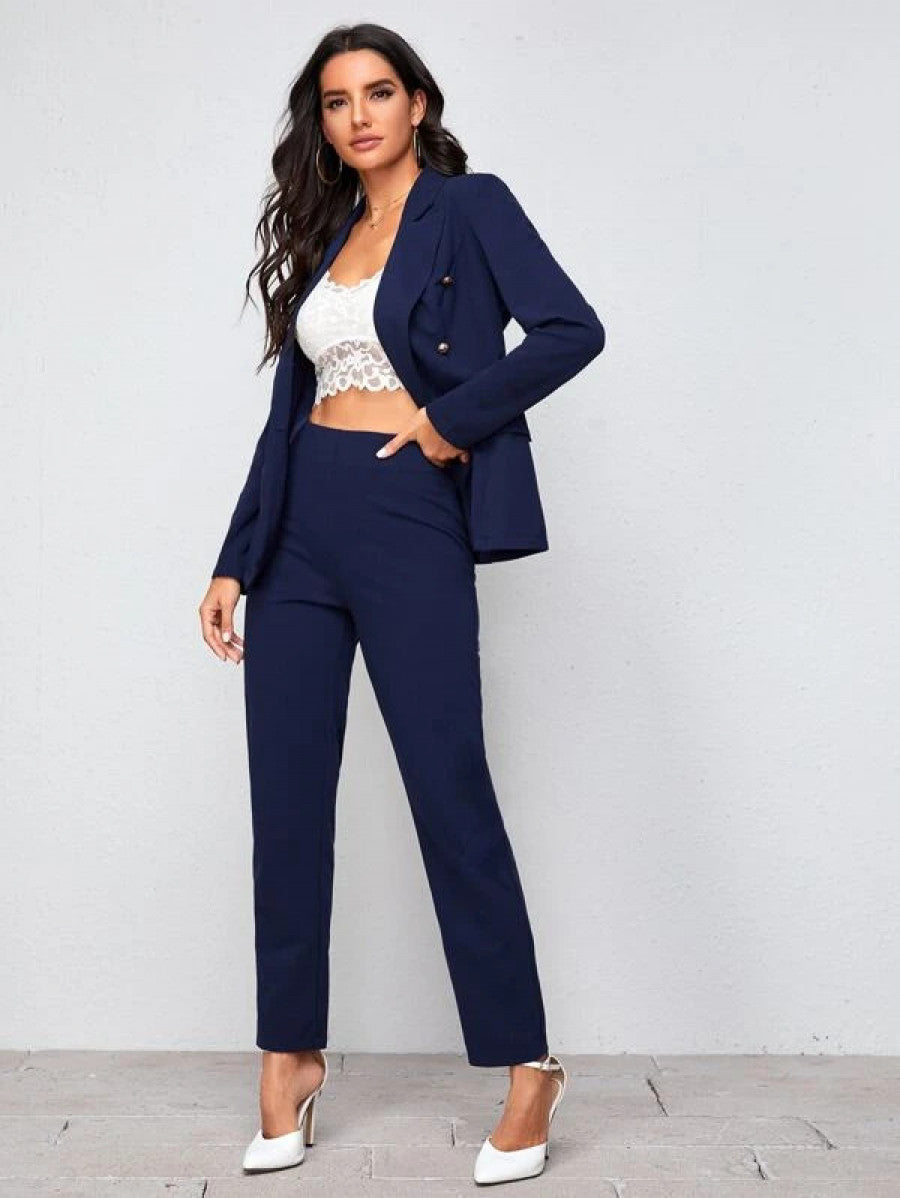 Notch Collar Double Button Blazer and Tailored Pants Set Shein